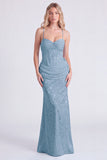 Mermaid Light Blue Corset Spaghetti Straps Ruched Printed Long Bridesmaid Dress