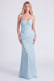 Mermaid Light Blue Corset Spaghetti Straps Ruched Printed Long Bridesmaid Dress
