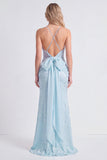 Mermaid Light Blue Corset Spaghetti Straps Ruched Printed Long Bridesmaid Dress