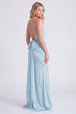 Mermaid Light Blue Corset Spaghetti Straps Ruched Printed Long Bridesmaid Dress