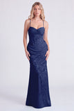 Mermaid Light Blue Corset Spaghetti Straps Ruched Printed Long Bridesmaid Dress
