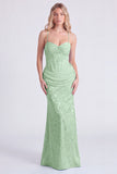 Mermaid Light Blue Corset Spaghetti Straps Ruched Printed Long Bridesmaid Dress