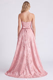 Strapless Pink A-Line Satin Floral Long Bridesmaid Dress with Bow