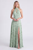 Sage A-Line Halter Neck Floral Chiffon Long Bridesmaid Dress with Slit