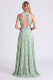 Sage A-Line Halter Neck Floral Chiffon Long Bridesmaid Dress with Slit