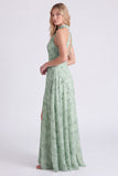 Sage A-Line Halter Neck Floral Chiffon Long Bridesmaid Dress with Slit