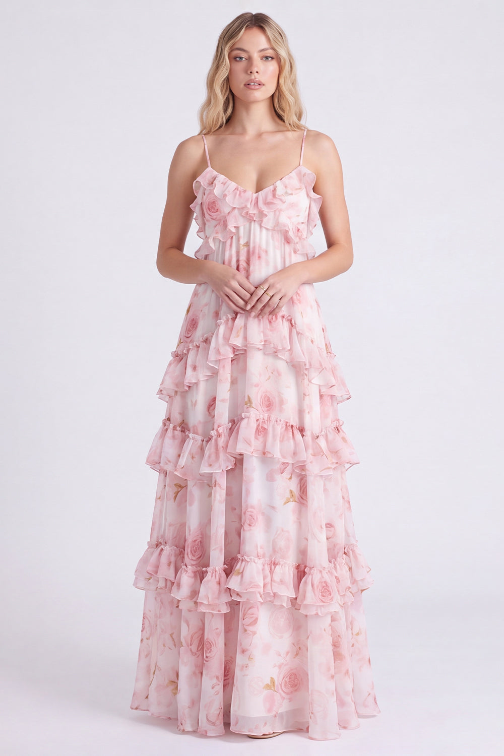 Zapaka Women Pink Tiered Bridesmaid Dress with Ruffles Floral Chiffon A-Line Spaghetti Straps Long Wedding Guest Dress, Pink / US22W