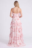 A-Line Pink Floral Chiffon Tiered Spaghetti Straps Long Bridesmaid Dress with Ruffles
