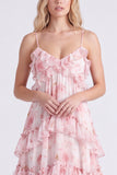 A-Line Pink Floral Chiffon Tiered Spaghetti Straps Long Bridesmaid Dress with Ruffles