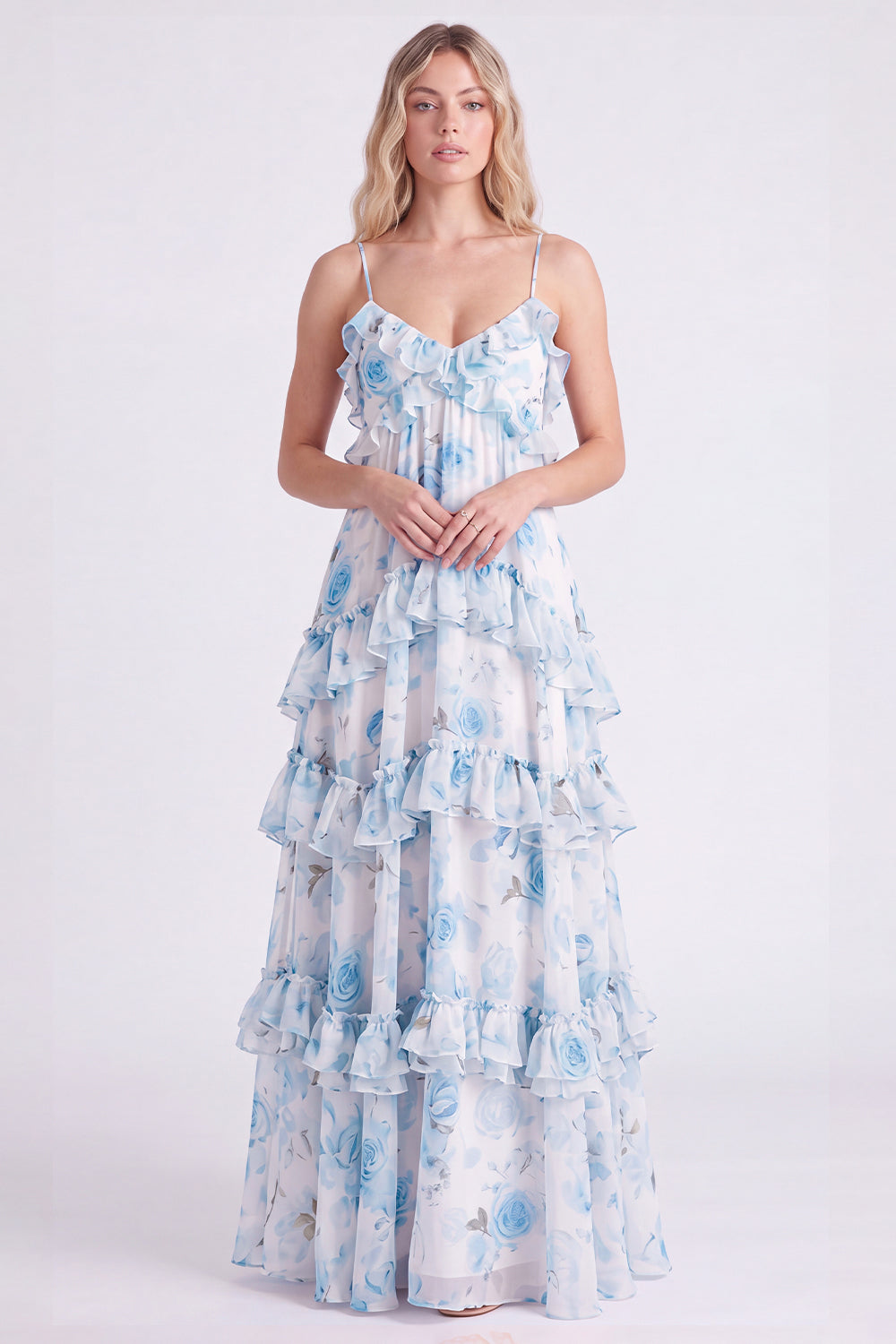 Zapaka Women Pink Tiered Bridesmaid Dress with Ruffles Floral Chiffon A-Line Spaghetti Straps Long Wedding Guest Dress, Sky Blue / US6