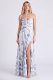 Light Blue A-Line Floral Chiffon Spaghetti Straps Ruffled Long Bridesmaid Dress with Slit