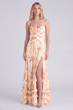 Light Blue A-Line Floral Chiffon Spaghetti Straps Ruffled Long Bridesmaid Dress with Slit