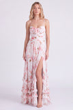 Light Blue A-Line Floral Chiffon Spaghetti Straps Ruffled Long Bridesmaid Dress with Slit