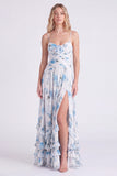 Light Blue A-Line Floral Chiffon Spaghetti Straps Ruffled Long Bridesmaid Dress with Slit