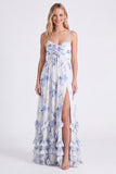 Chiffon Light Blue Floral A-Line Spaghetti Straps Ruffled Long Bridesmaid Dress with Slit