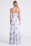 Chiffon Light Blue Floral A-Line Spaghetti Straps Ruffled Long Bridesmaid Dress with Slit