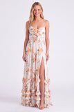 Chiffon Light Blue Floral A-Line Spaghetti Straps Ruffled Long Bridesmaid Dress with Slit