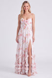 Chiffon Light Blue Floral A-Line Spaghetti Straps Ruffled Long Bridesmaid Dress with Slit