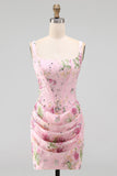 Pink Square Neck Bodycon Ruched Floral Sequins Corset Homecoming Dress
