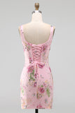 Pink Square Neck Bodycon Ruched Floral Sequins Corset Homecoming Dress