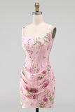 Pink Square Neck Bodycon Ruched Floral Sequins Corset Homecoming Dress