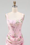 Pink Square Neck Bodycon Ruched Floral Sequins Corset Homecoming Dress