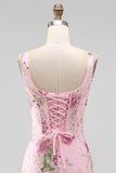 Pink Square Neck Bodycon Ruched Floral Sequins Corset Homecoming Dress