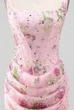 Pink Square Neck Bodycon Ruched Floral Sequins Corset Homecoming Dress