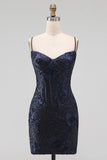 Navy Bodycon Floral Embroidery Corset Sequins Short Homecoming Dress