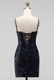 Navy Bodycon Floral Embroidery Corset Sequins Short Homecoming Dress