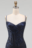 Navy Bodycon Floral Embroidery Corset Sequins Short Homecoming Dress