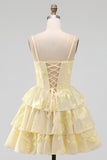 Daffodil A-Line Tiered Ruffle Short Homecoming Dress with Floral Embroidery