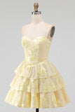 Daffodil A-Line Tiered Ruffle Short Homecoming Dress with Floral Embroidery
