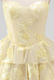 Daffodil A-Line Tiered Ruffle Short Homecoming Dress with Floral Embroidery