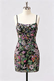 Lilac Bodycon Floral Embroidery Sequins Short Homecoming Dress with Lace Up Back