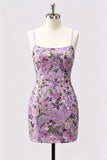 Lilac Bodycon Floral Embroidery Sequins Short Homecoming Dress with Lace Up Back