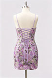 Lilac Bodycon Floral Embroidery Sequins Short Homecoming Dress with Lace Up Back
