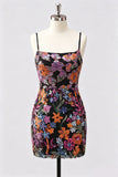 Lilac Bodycon Floral Embroidery Sequins Short Homecoming Dress with Lace Up Back