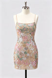 Lilac Bodycon Floral Embroidery Sequins Short Homecoming Dress with Lace Up Back