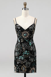 Bodycon Spaghetti Straps Sequins Short Homecoming Dress with Lace Up Back