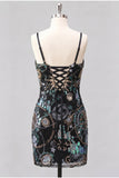 Bodycon Spaghetti Straps Sequins Short Homecoming Dress with Lace Up Back