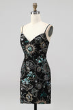 Bodycon Spaghetti Straps Sequins Short Homecoming Dress with Lace Up Back