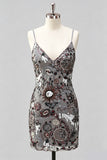 Navy Bodycon Spaghetti Straps Sequins Short Homecoming Dress with Lace Up Back