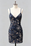 Navy Bodycon Spaghetti Straps Sequins Short Homecoming Dress with Lace Up Back