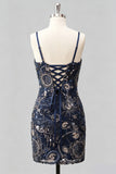 Navy Bodycon Spaghetti Straps Sequins Short Homecoming Dress with Lace Up Back