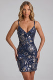 Navy Bodycon Spaghetti Straps Sequins Short Homecoming Dress with Lace Up Back