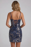 Navy Bodycon Spaghetti Straps Sequins Short Homecoming Dress with Lace Up Back
