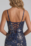 Navy Bodycon Spaghetti Straps Sequins Short Homecoming Dress with Lace Up Back