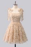 Light Blue A-Line Bowed Straps Floral Beaded Homecoming Dress with Lace Up Back