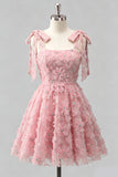 Light Blue A-Line Bowed Straps Floral Beaded Homecoming Dress with Lace Up Back